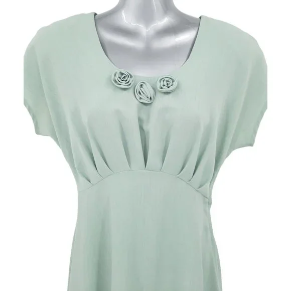 VTG 90s CDC Sage Green Short Sleeve Empire Waist Midi Dress Size 4 Pleated Roses - Picture 3 of 8